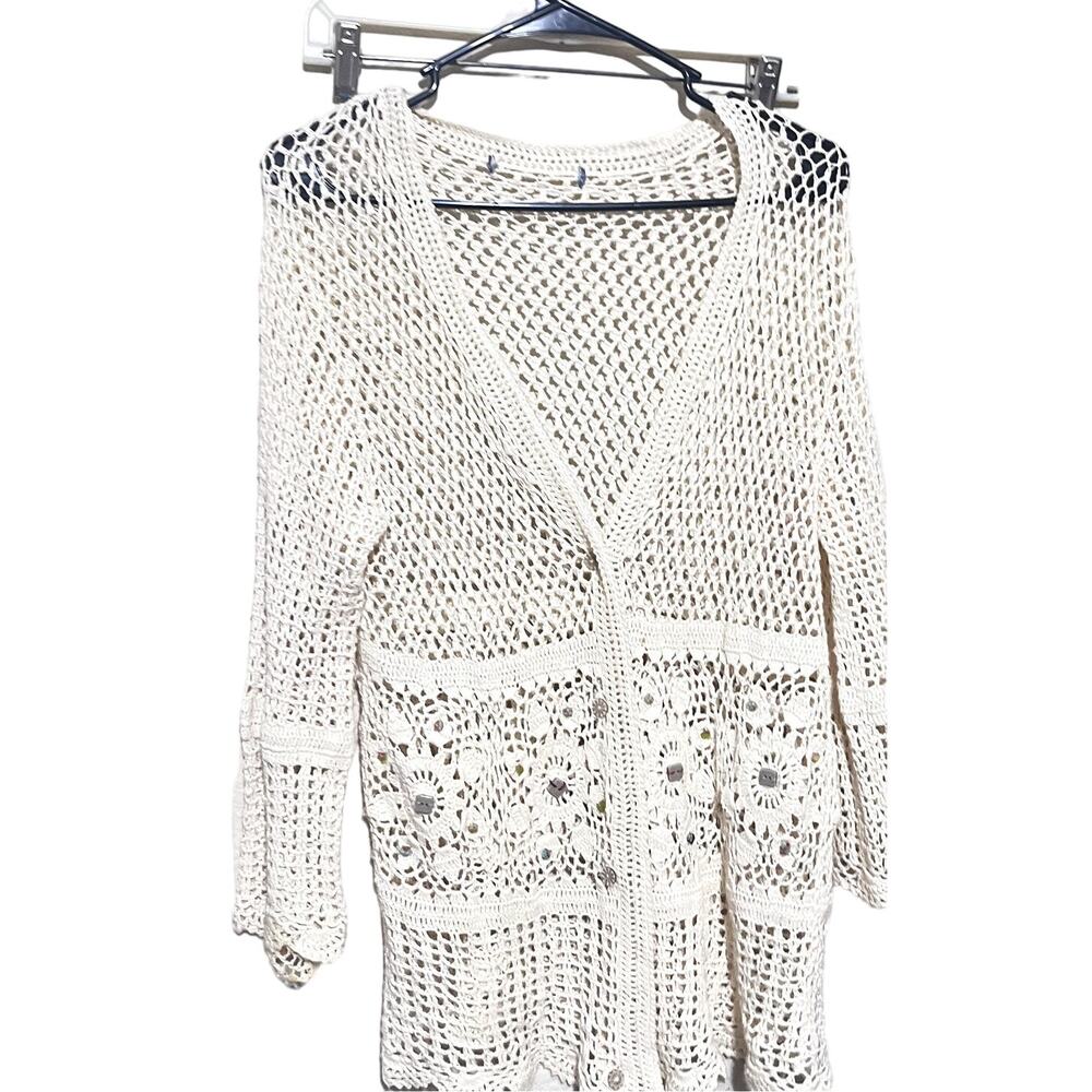 VTG Crochet cardigan sweater open knit beige ivory beaded sz Small